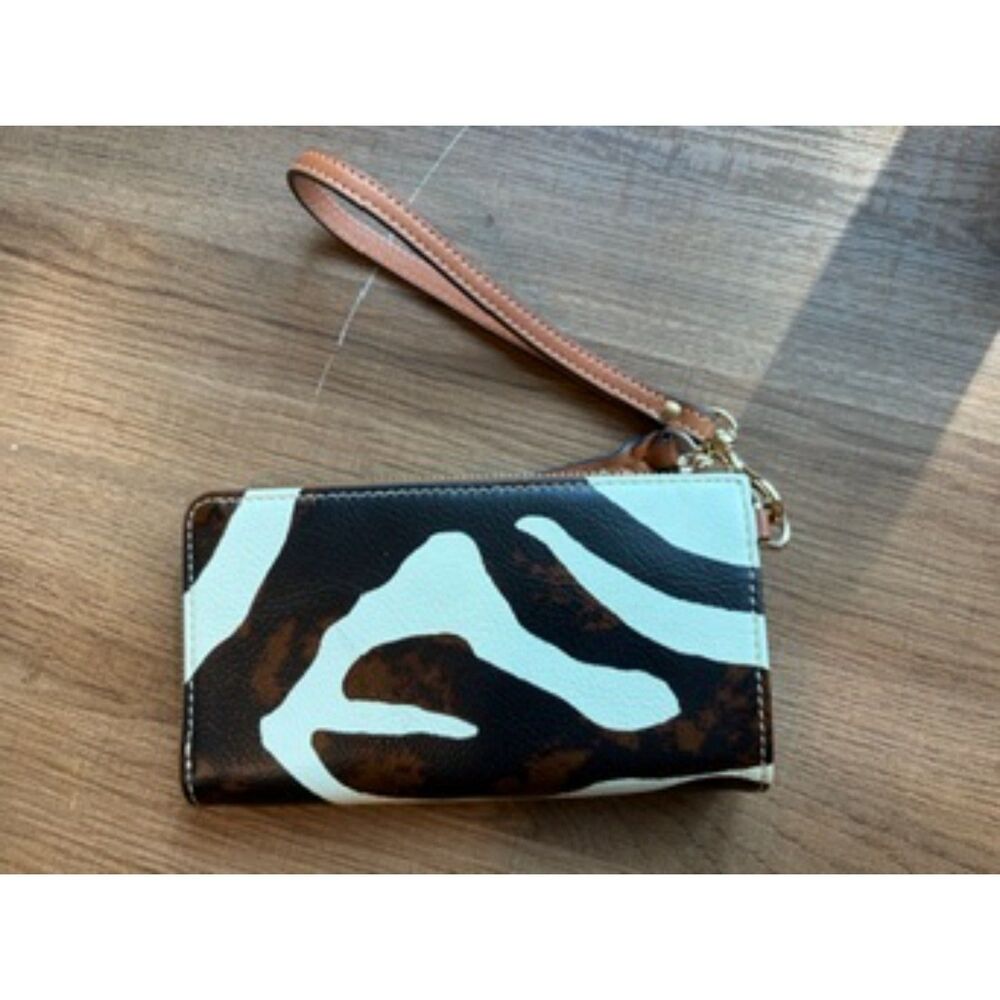 Dooney&Bourke Zebra Print Continental Zip Around Wallet Brown Cream Leather EUC - Picture 2 of 6